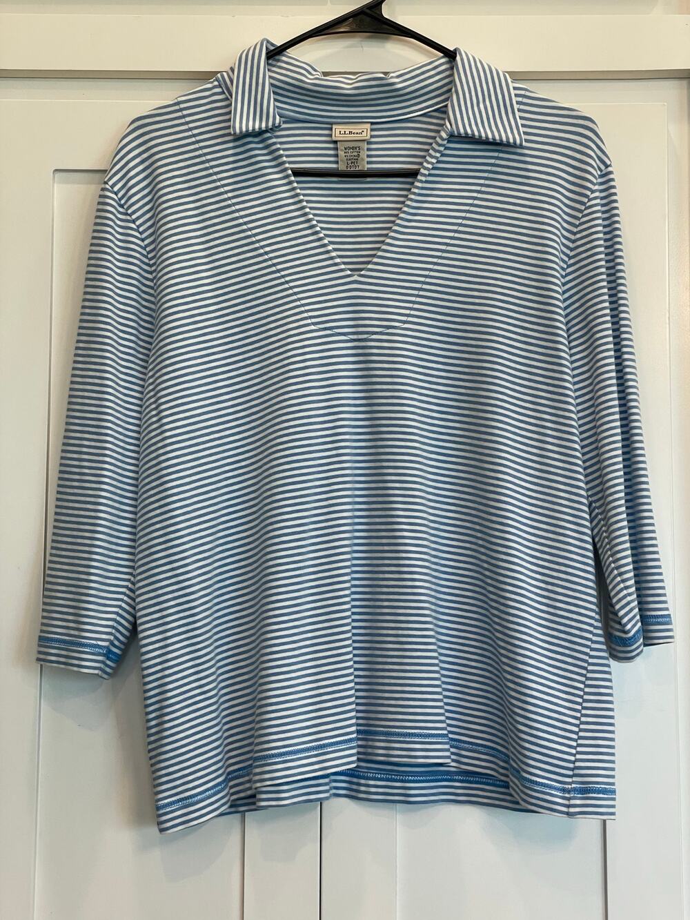 L.L. Bean Lt. Blue and white stripe 3/4 sleeve collared V. neck L-Petite